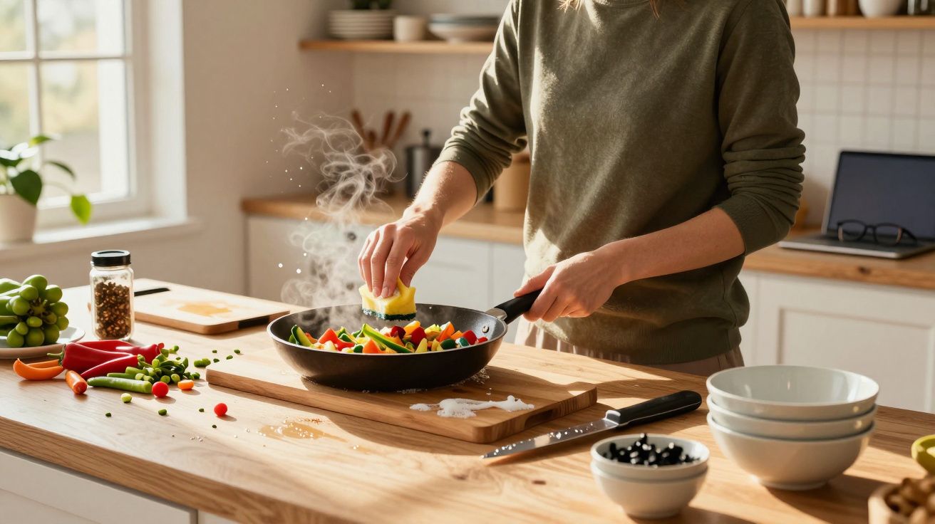 Pessoa temperando legumes coloridos em frigideira na cozinha iluminada pelo sol da manhã.