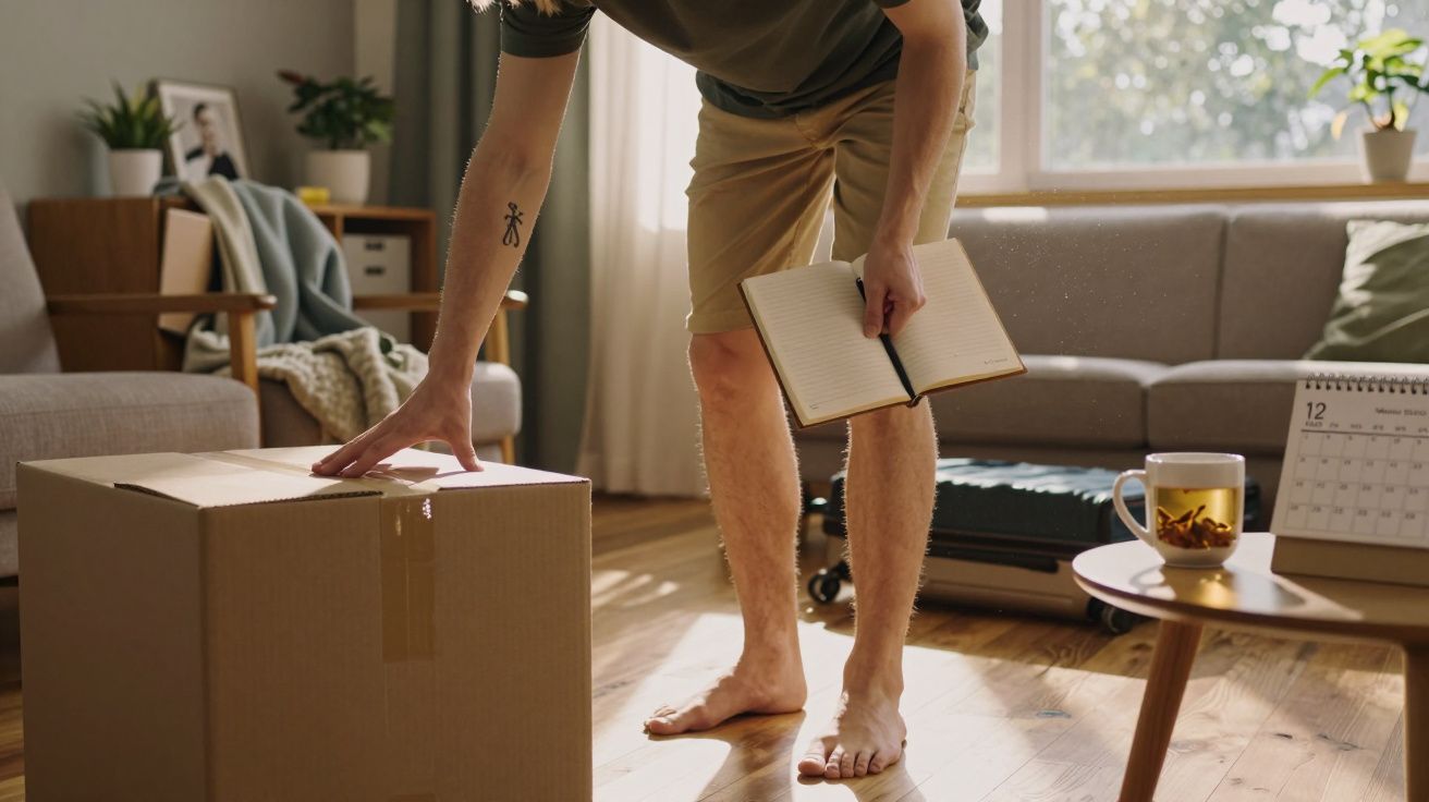 Pessoa descalça com camiseta e bermuda segurando caderno e tocando caixa de papelão em sala iluminada.