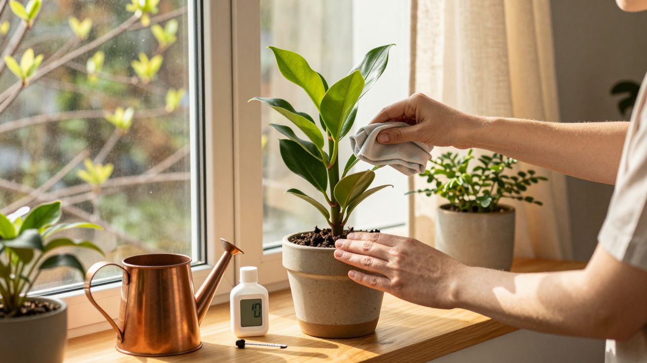 Pessoa limpando as folhas de uma planta em vaso próximo à janela com regador e umidade ambiente ao lado.