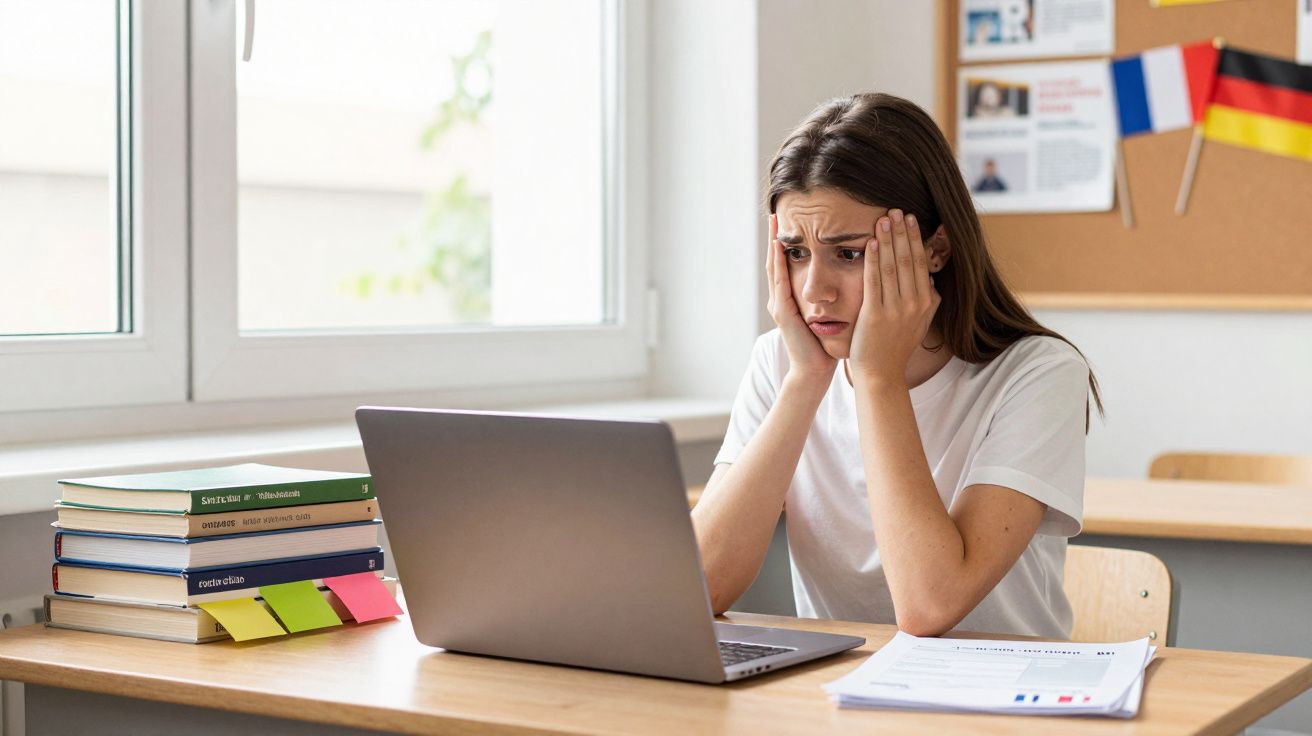 Jovem estudante com expressão preocupada usando laptop em mesa com livros e documentos em sala de aula.