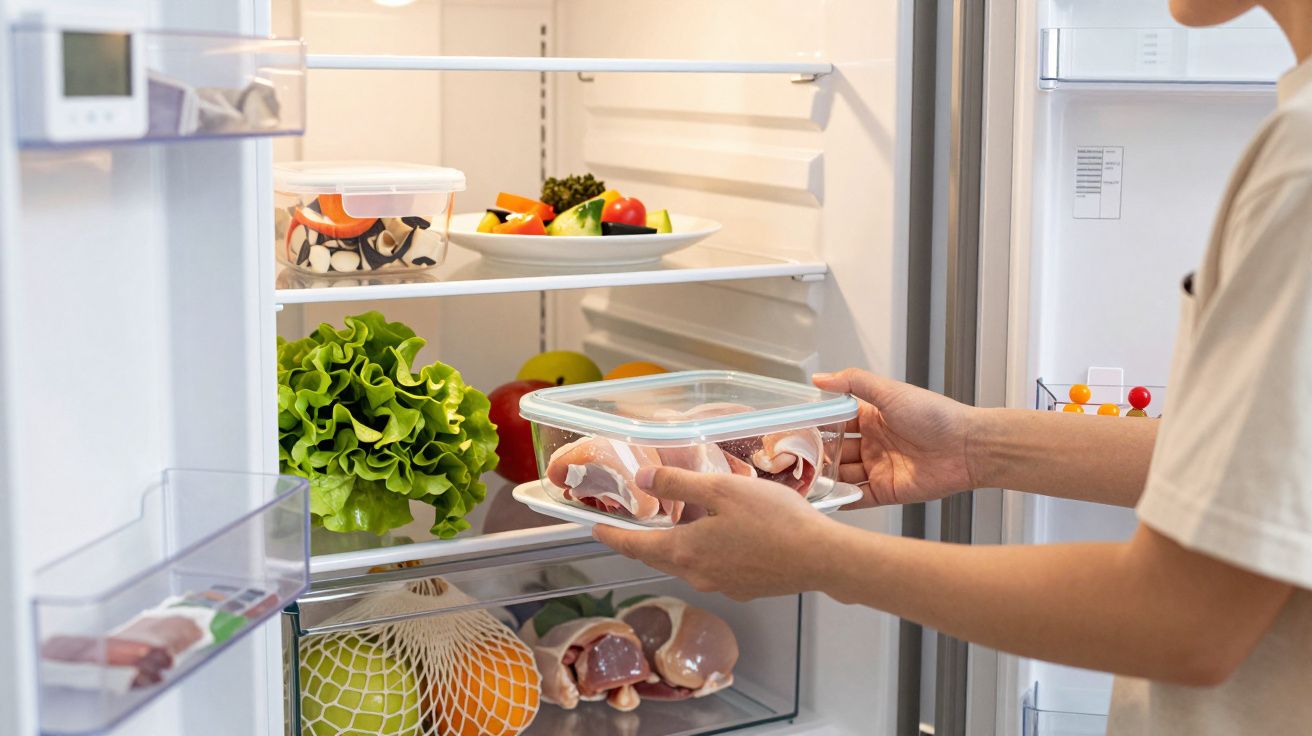 Pessoa guardando alimento cru em recipiente de vidro dentro da geladeira aberta com verduras e frutas.