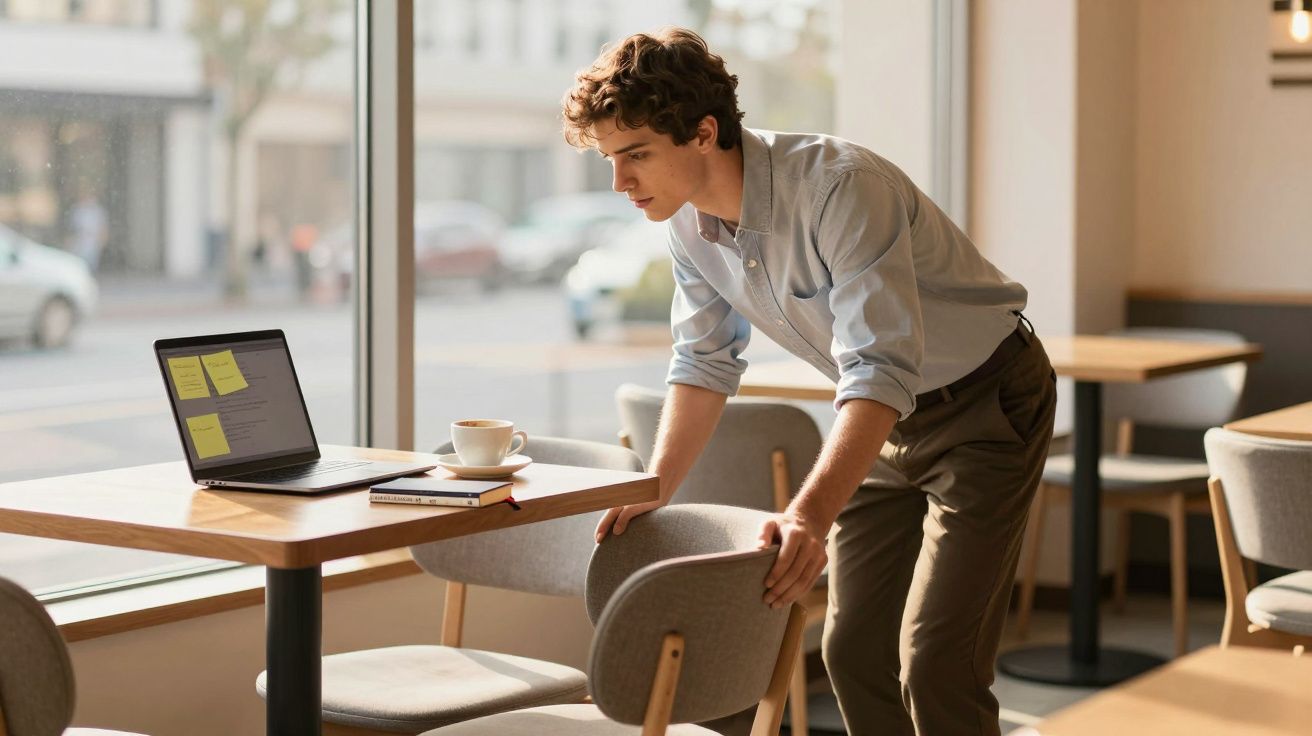 Homem jovem se preparando para sentar em cafeteria, com laptop, caderno e xícara na mesa próxima à janela.