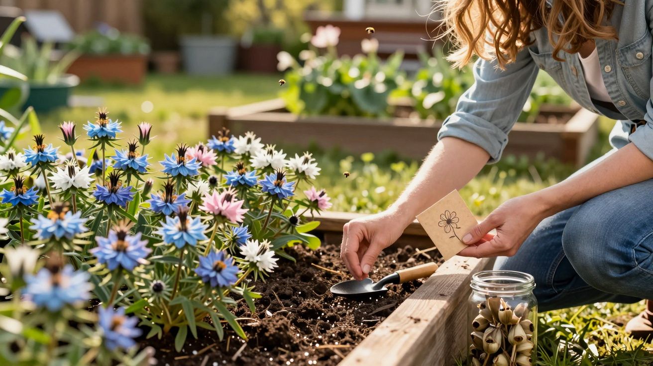 Jardineira plantando sementes em canteiro ao ar livre, com flores coloridas e abelhas ao redor.
