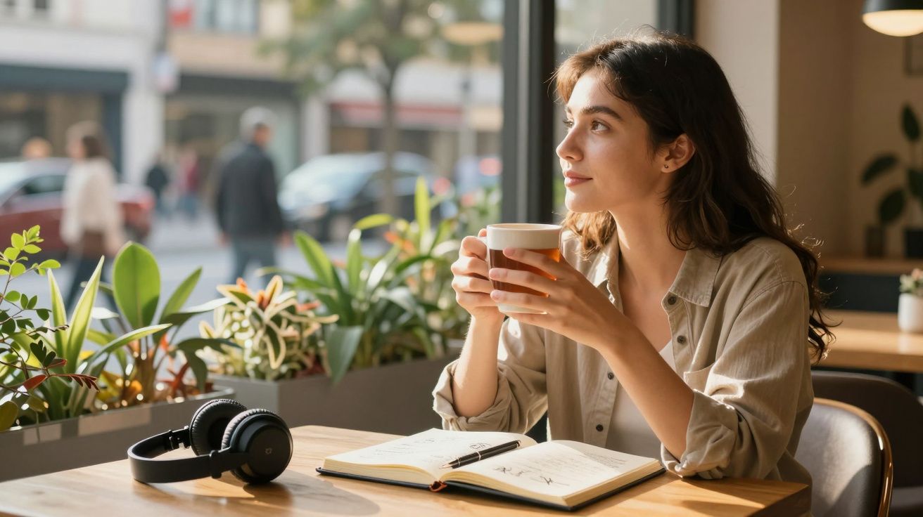 Mulher sentada em cafeteria, segurando xícara, olhando pela janela com caderno e fones na mesa.
