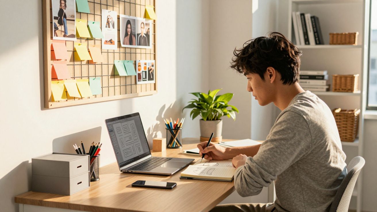 Jovem trabalhando em escritório doméstico com laptop, caderno, celular e quadro de anotações na parede.