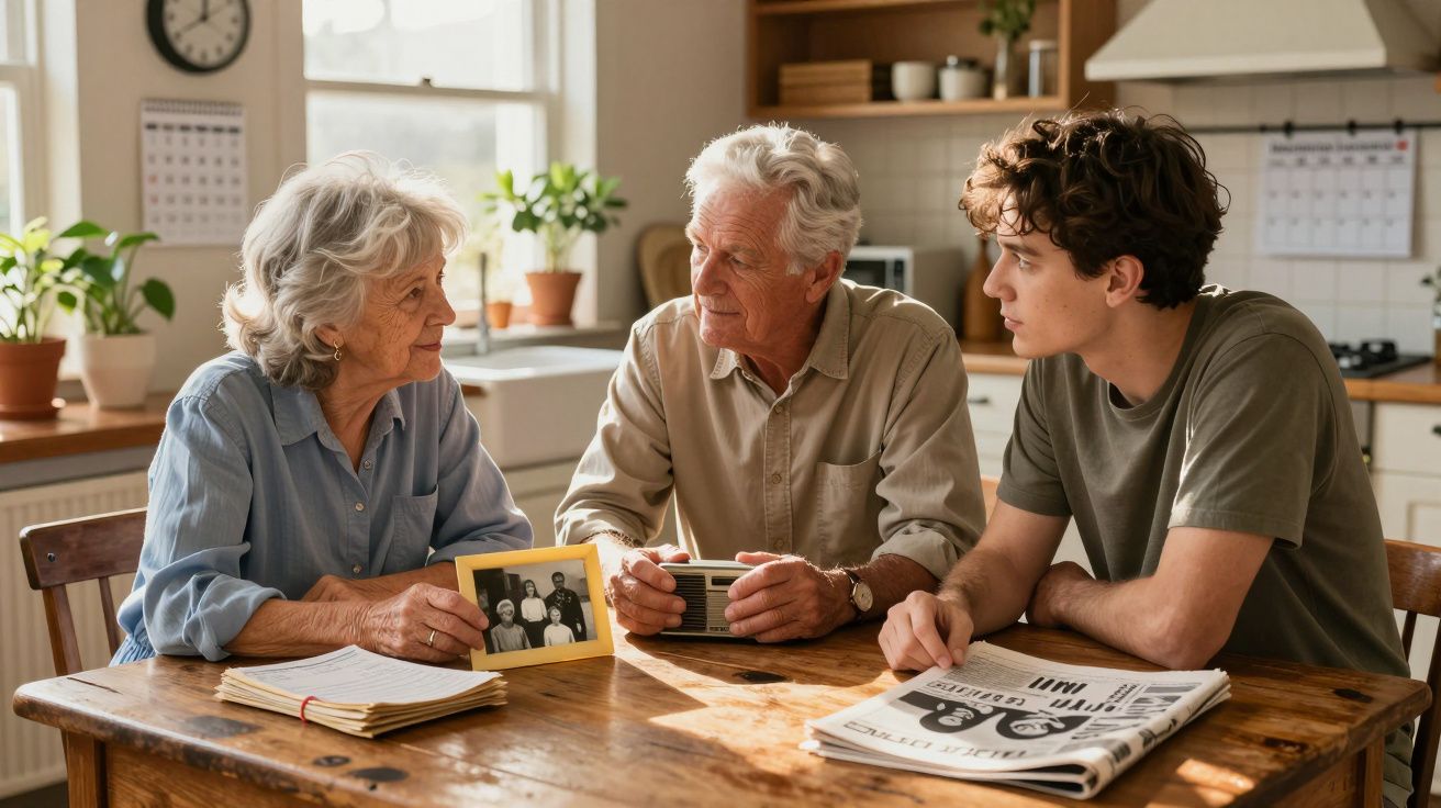 Três gerações sentadas à mesa em cozinha, idosos mostram foto antiga para jovem com jornal.