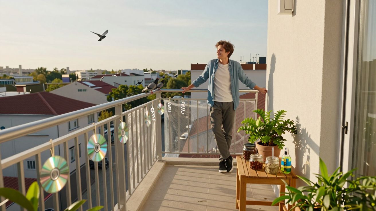 Jovem sorridente apoiado na varanda com plantas, potes e DVDs pendurados no corrimão ao entardecer.