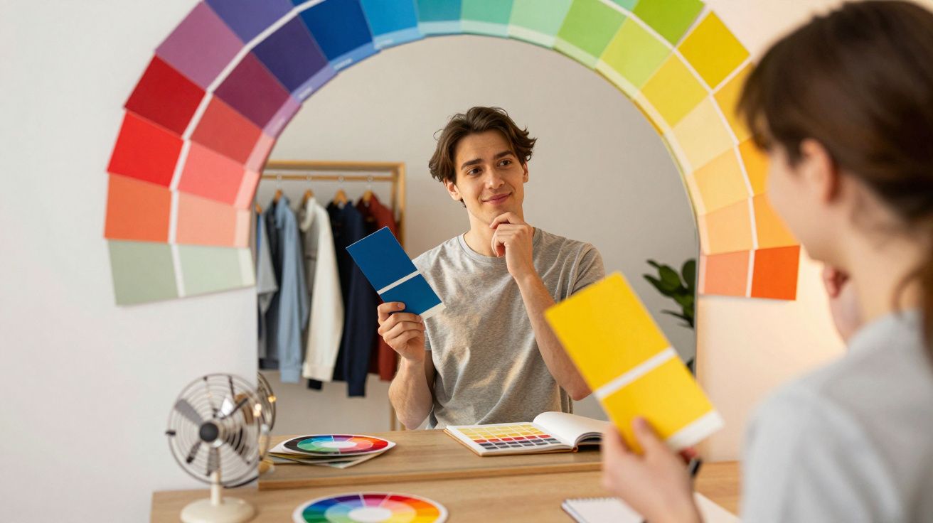 Pessoa olhando amostras de cor azul e amarelo em frente ao espelho com paleta de cores na parede.
