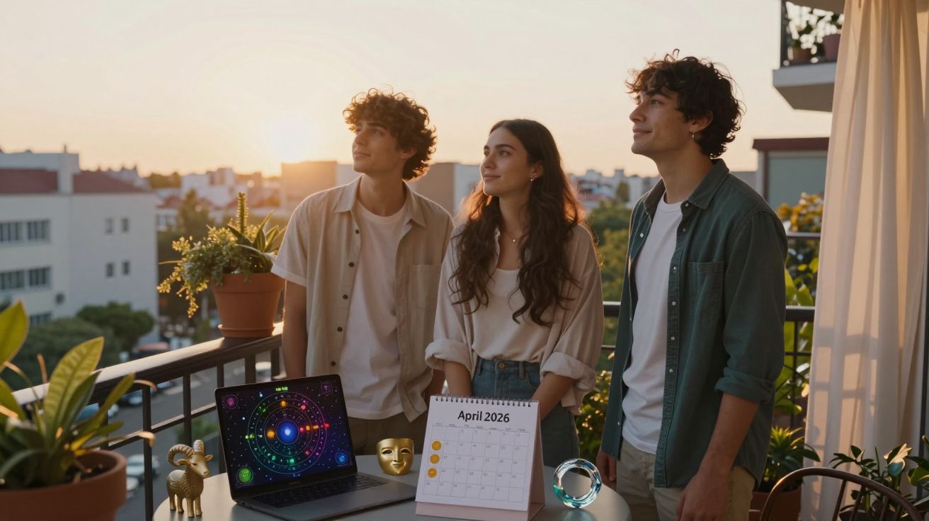 Três jovens olhando o pôr do sol em varanda com plantas, laptop com mapa astral e calendário de abril de 2026.