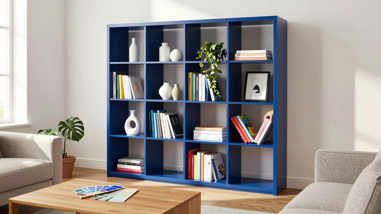 Estante azul com livros, vasos decorativos e plantas em sala clara com sofá cinza e mesa de madeira.