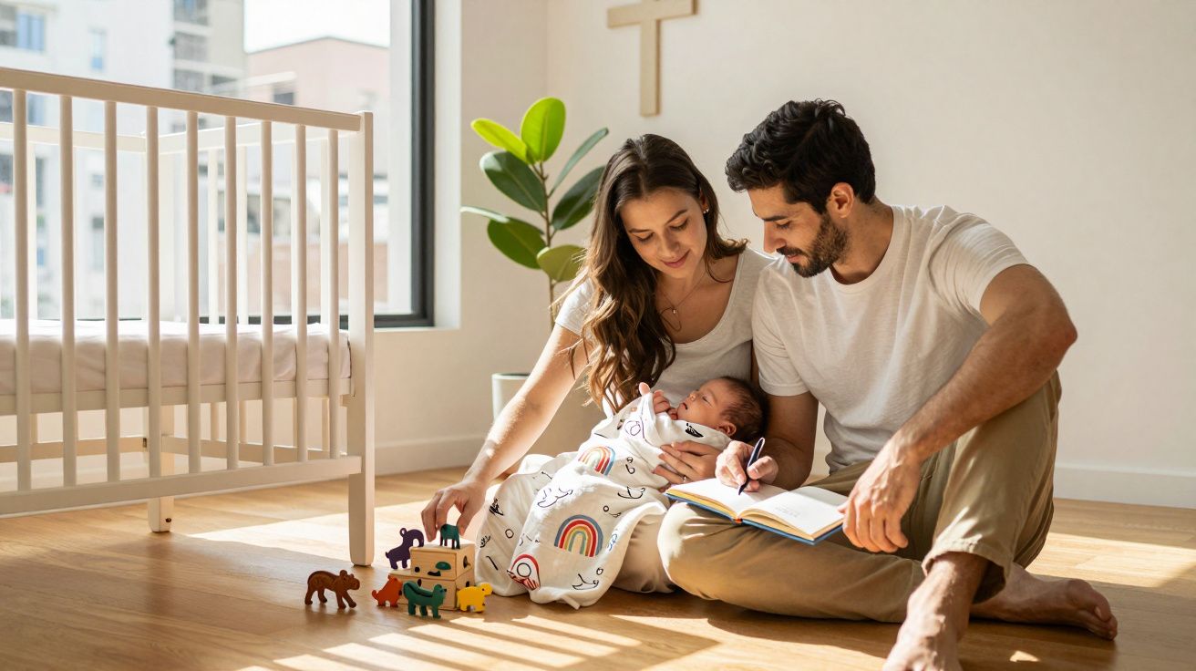 Casal sentado no chão do quarto com bebê, brinquedos infantis e berço próximo em ambiente iluminado.