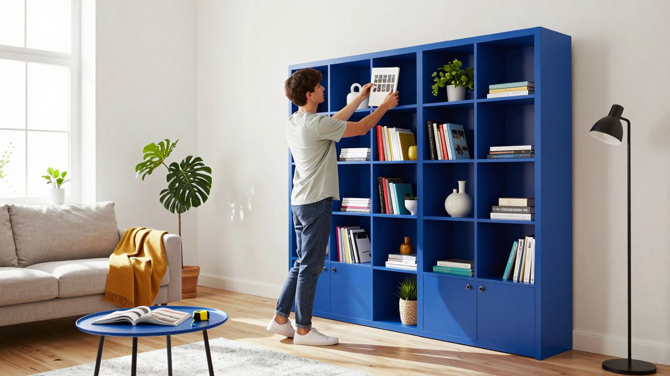 Pessoa organizando livro em estante azul em sala de estar clara com sofá cinza e plantas.