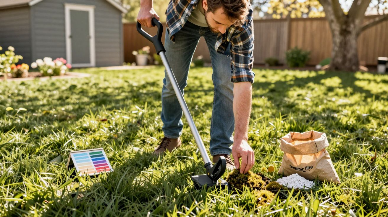 Homem usando pá para plantar ou cuidar do jardim em gramado com sacola e tabela de cores ao lado.