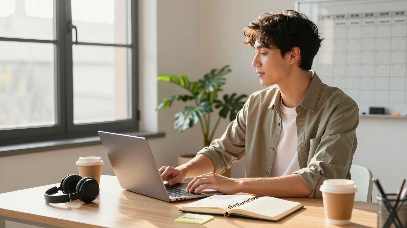 Jovem trabalhando em laptop com café, fones, caderno e calendário em mesa iluminada por janela grande.