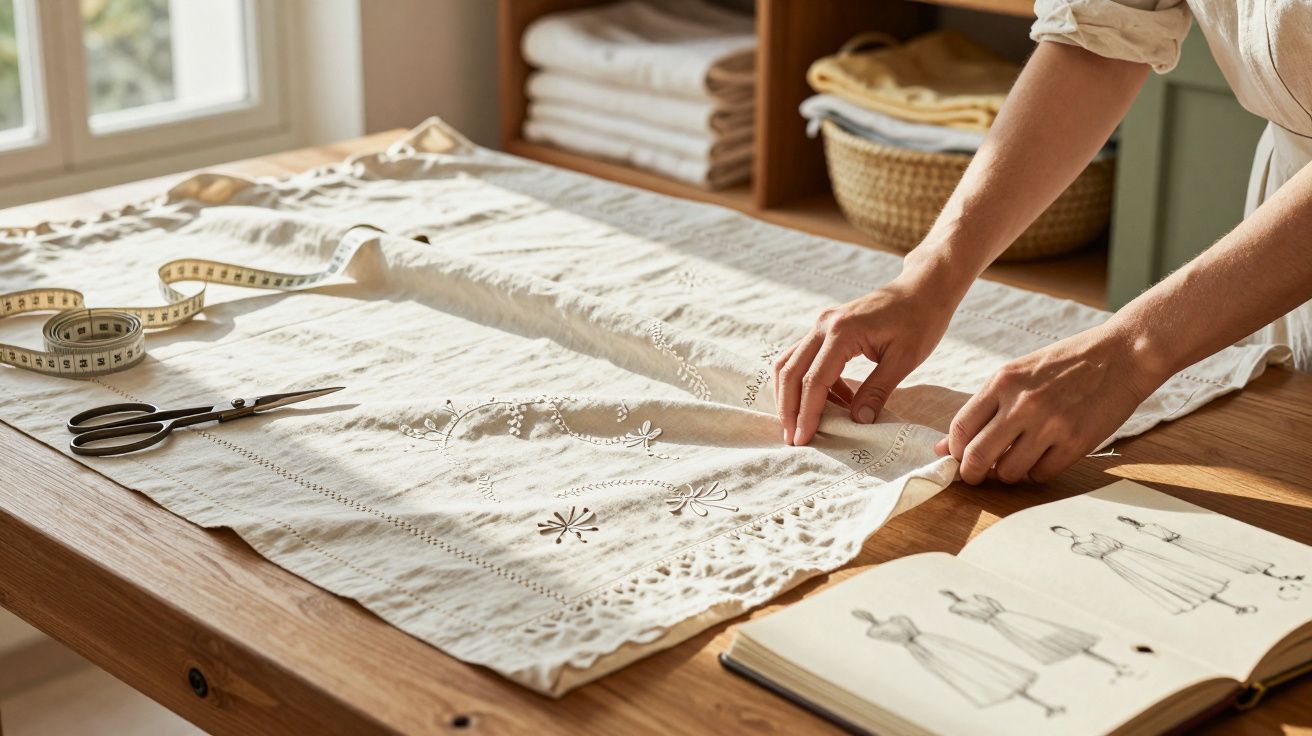Pessoa ajustando tecido bordado sobre mesa de madeira em ateliê com livro de moda aberto e fita métrica.