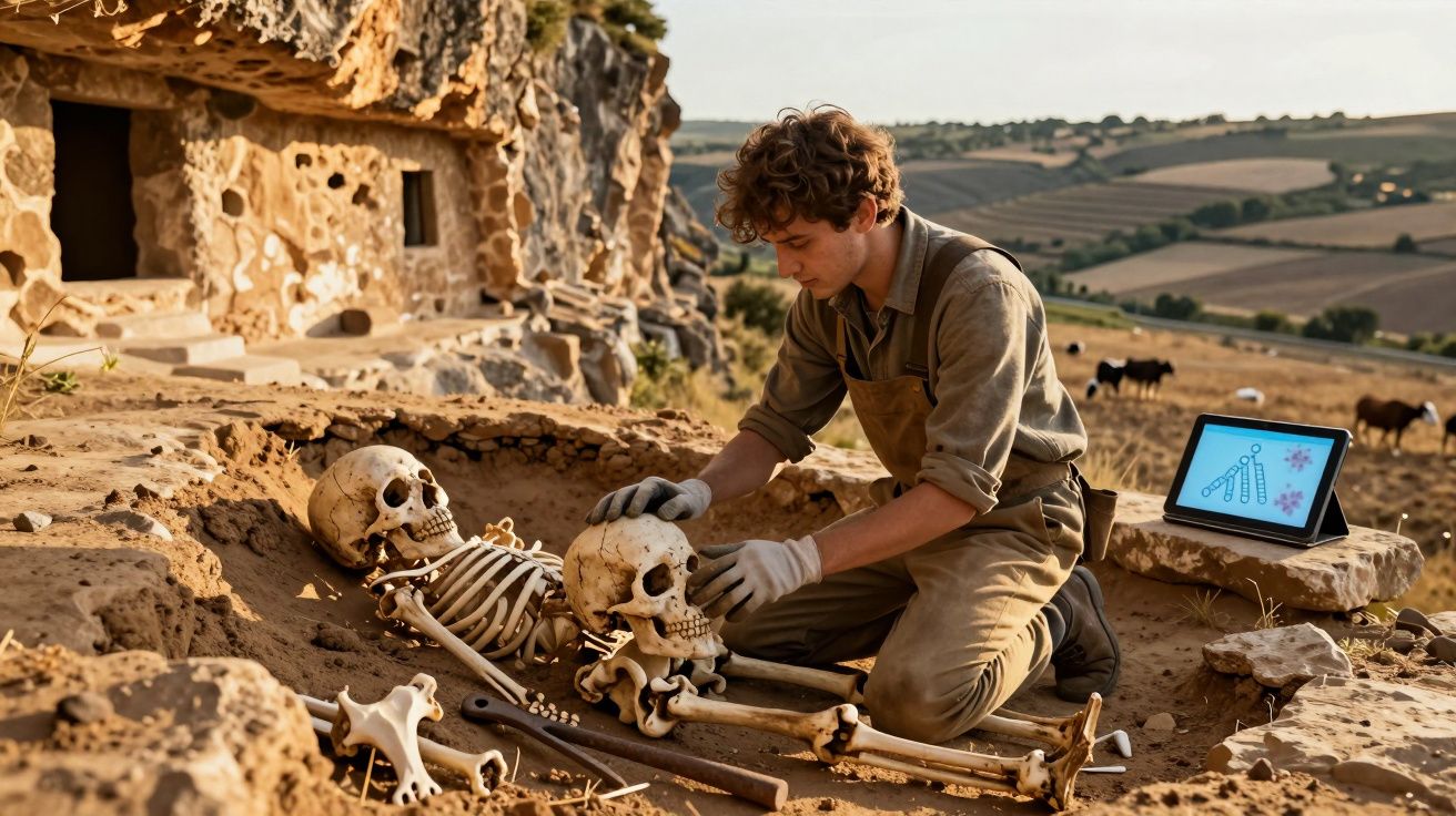 Homem escavando e examinando esqueletos humanos em sítio arqueológico ao ar livre.