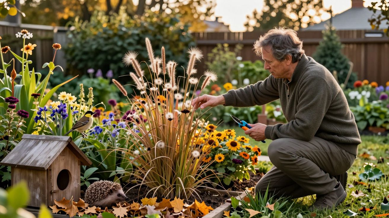 Homem cuidando do jardim com pássaro em casinha e ouriço entre flores coloridas.