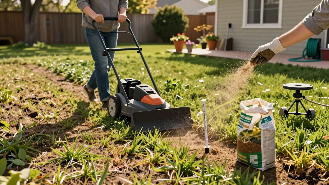 Pessoa usando motocultivador em jardim, enquanto outra espalha fertilizante em solo.