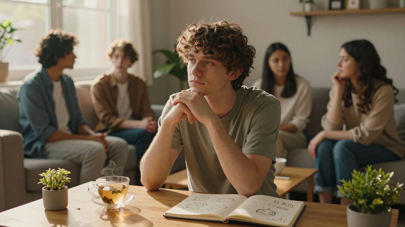 Jovem pensativo sentado à mesa com caderno aberto, enquanto três pessoas conversam ao fundo na sala.