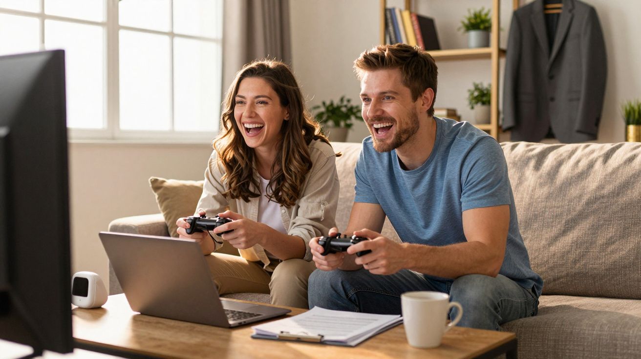 Jovem casal sorrindo jogando videogame em casa, sentados no sofá com controles na mão.