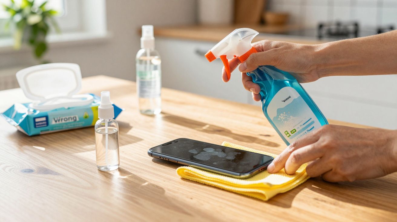Pessoa limpando smartphone com spray e pano amarelo em superfície de madeira na cozinha.