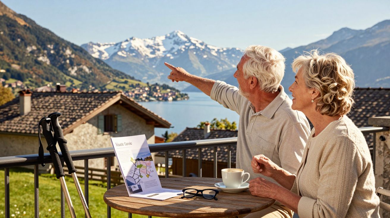Casal idoso sentado em varanda, com postes de caminhada, olhando para montanhas nevadas e lago ao fundo.