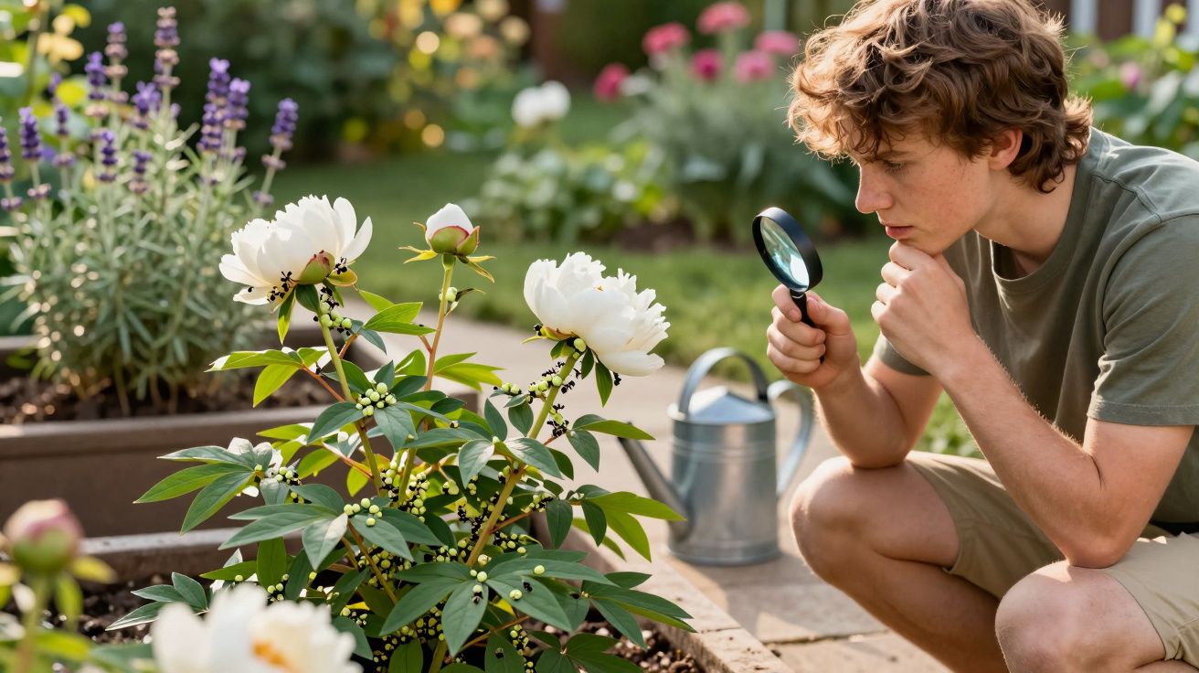 Jovem examina plantas com lupa em jardim, com flores brancas e regador ao fundo.
