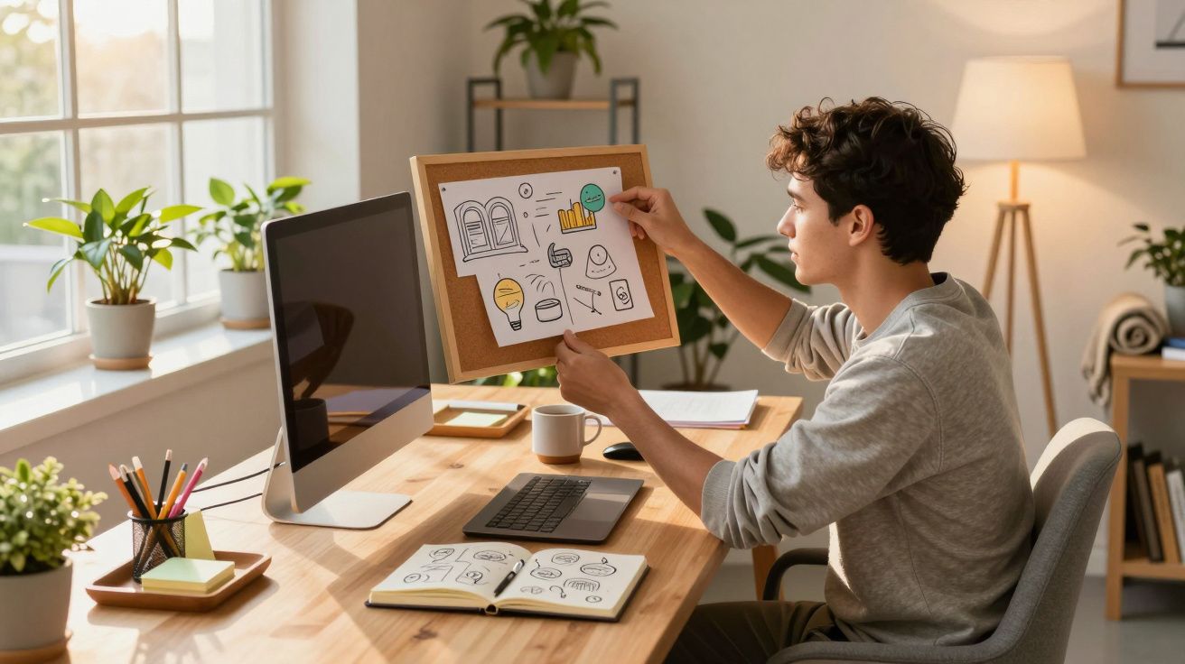 Pessoa analisando quadro com gráficos e desenhos em escritório iluminado por janela grande.