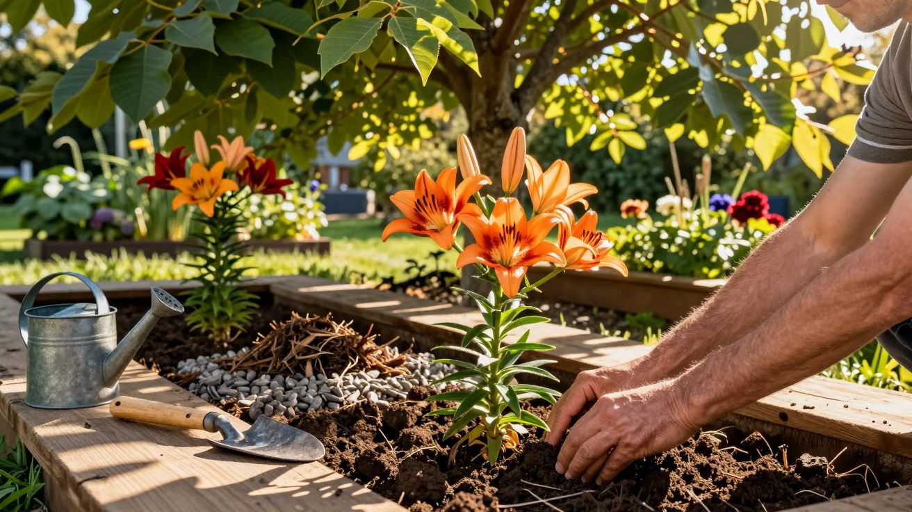 Pessoa cultivando lírios laranja em canteiro elevado com regador e pá de jardim ao lado.