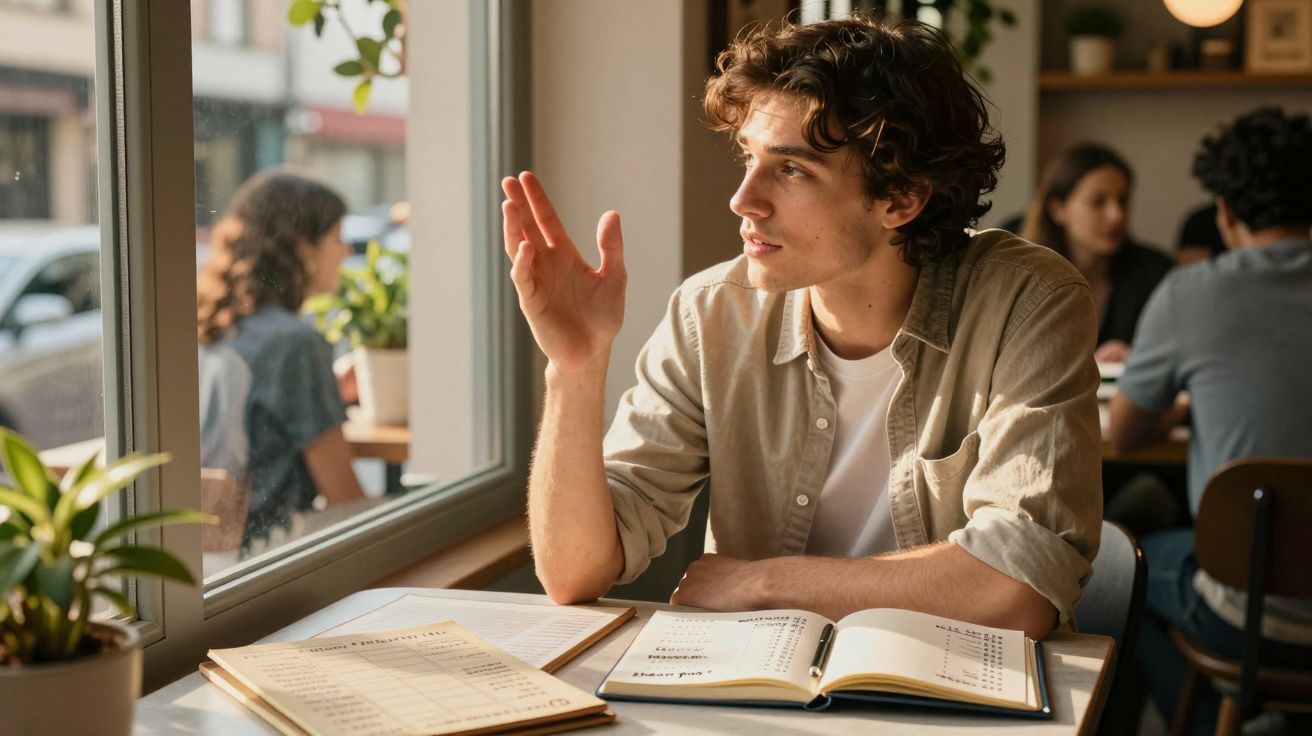 Jovem sentado à mesa de café, olhando pela janela e gesticulando, com cardápios abertos à sua frente.