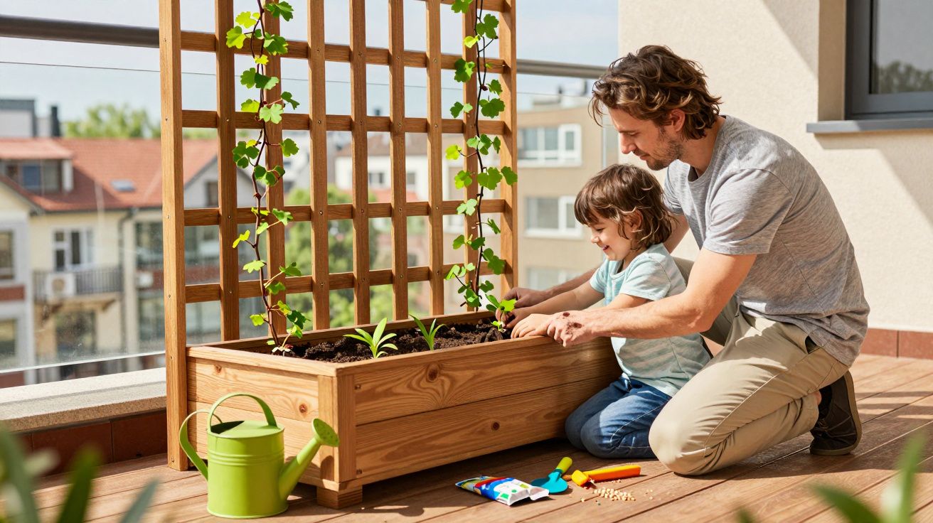 Pai e filho plantando vegetais em vaso de madeira na varanda ensolarada, com regador verde ao lado.