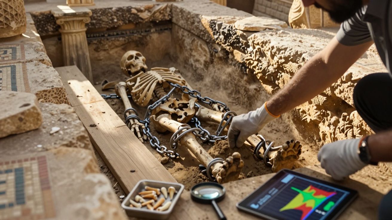 Esqueleto humano acorrentado em tumba arqueológica, com pesquisador usando luvas e tablet próximo.