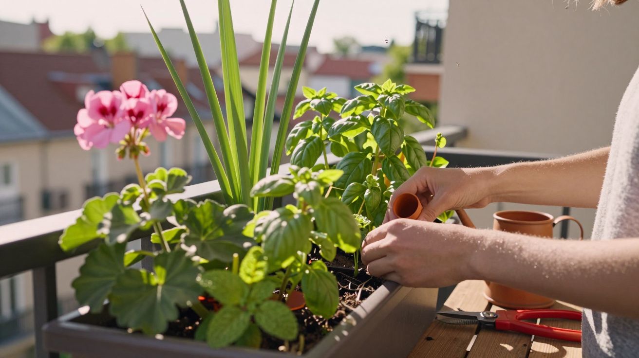 Pessoa cuidando de plantas em floreira na varanda de apartamento em dia ensolarado.