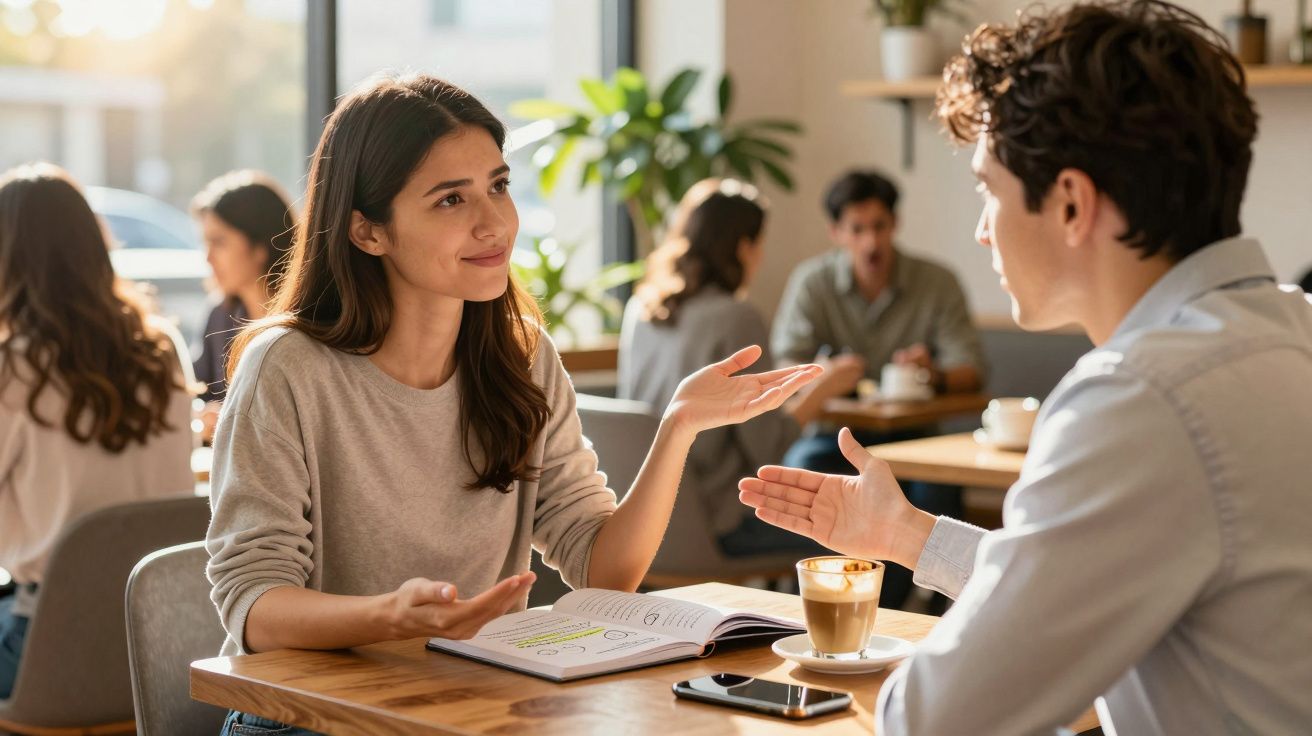 Jovens conversando animadamente em cafeteria, com caderno e café sobre a mesa iluminada pela luz natural.