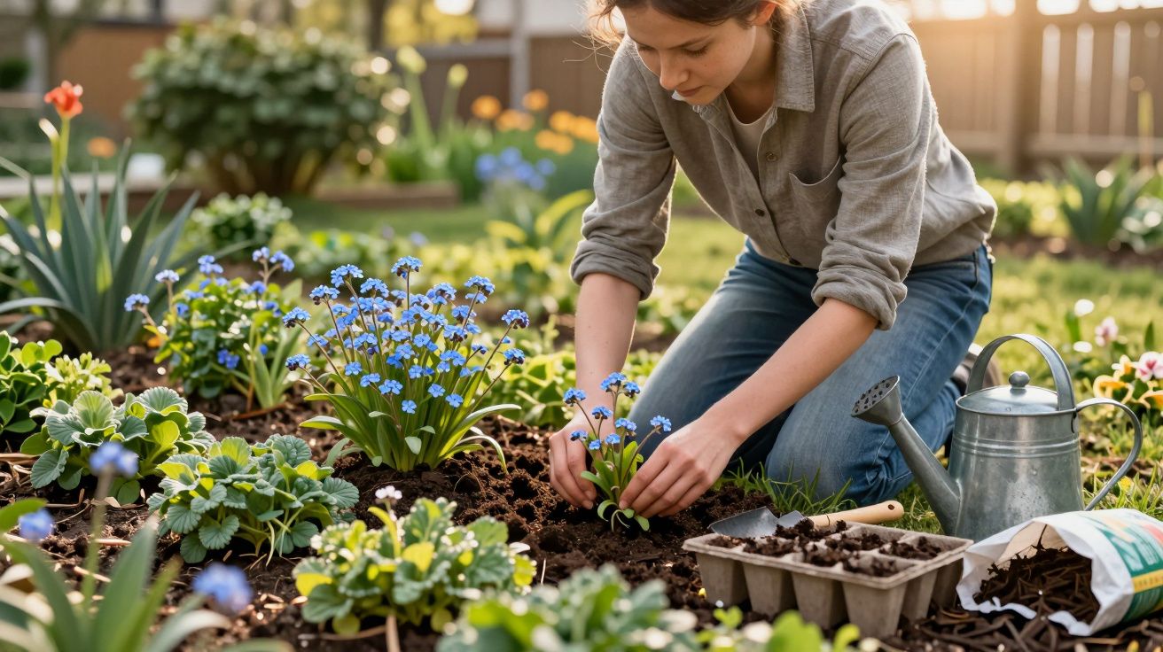Mulher cuidando de flores azuis em jardim ensolarado com regador, vaso e terra ao redor.
