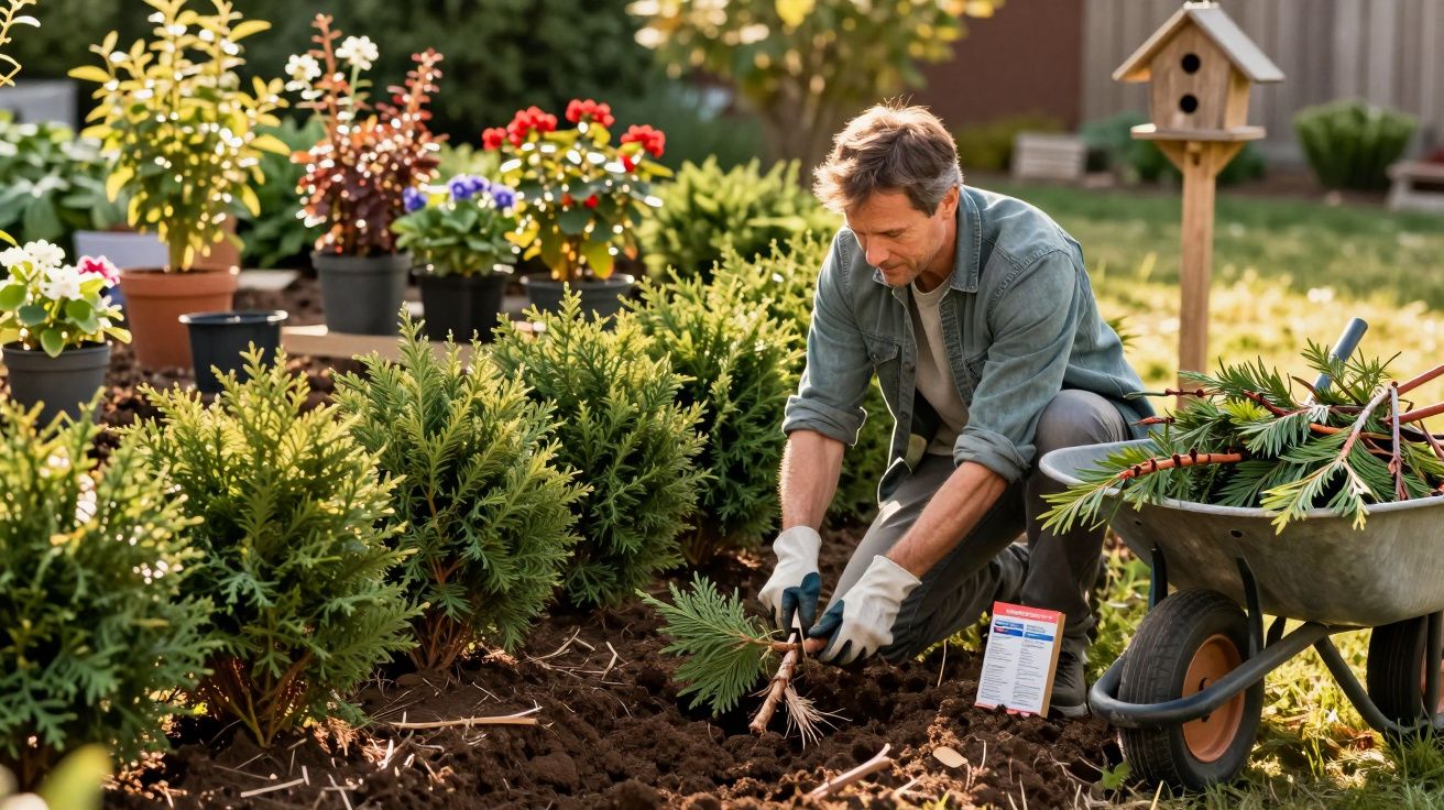 Homem com luvas plantando mudas em jardim ao lado de carrinho de mão com ferramentas e plantas.
