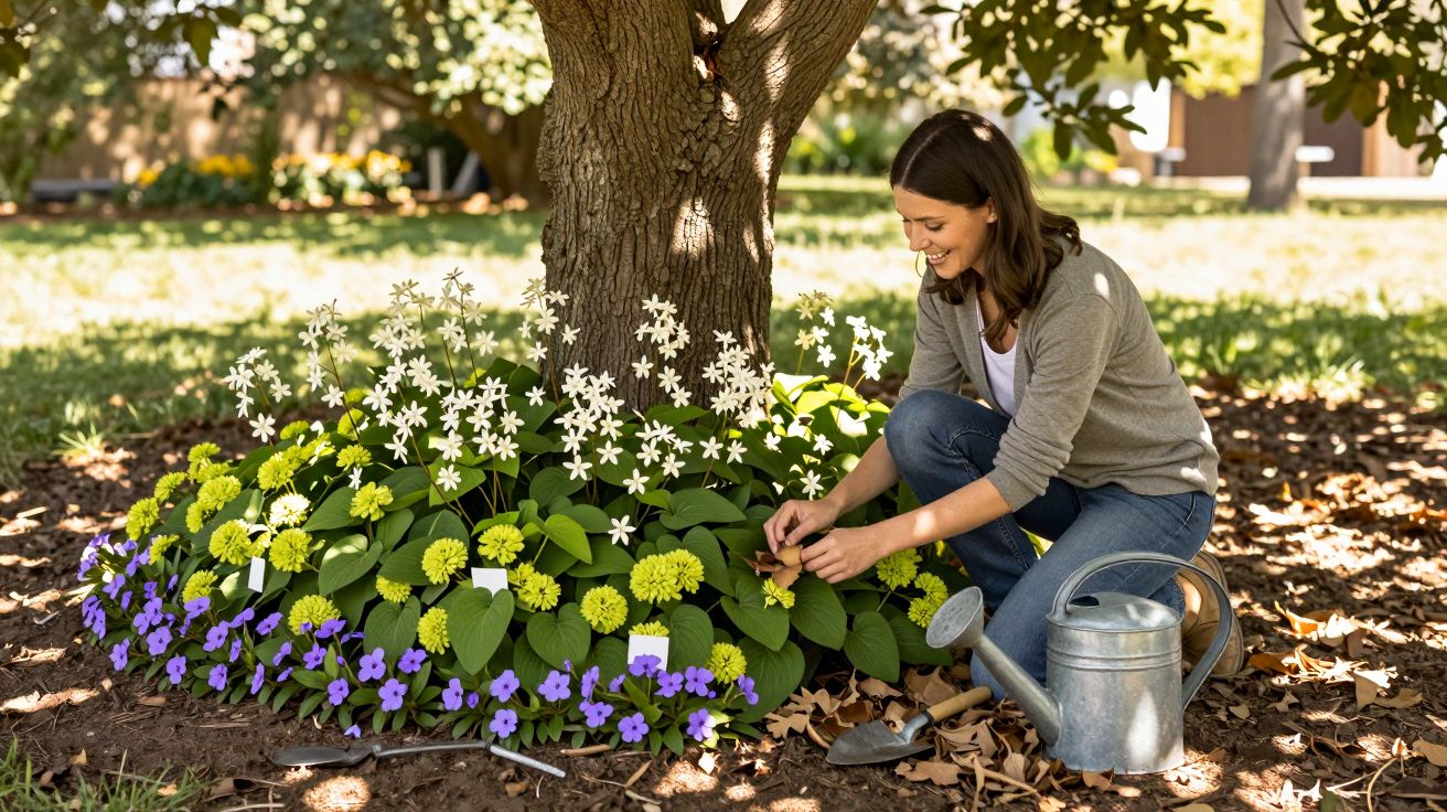 Mulher cuidando de flores coloridas ao redor de árvore em jardim ensolarado.