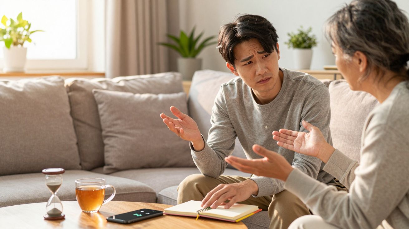 Dois adultos conversando seriamente em uma sala, sentados em sofá com mesa de centro à frente.