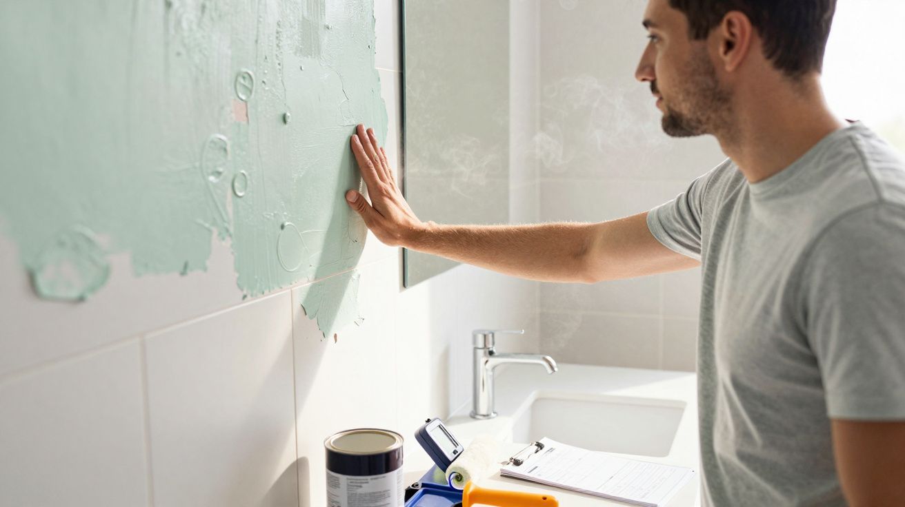 Homem pintando parede de banheiro com tinta verde, próximo à pia e utensílios de pintura.