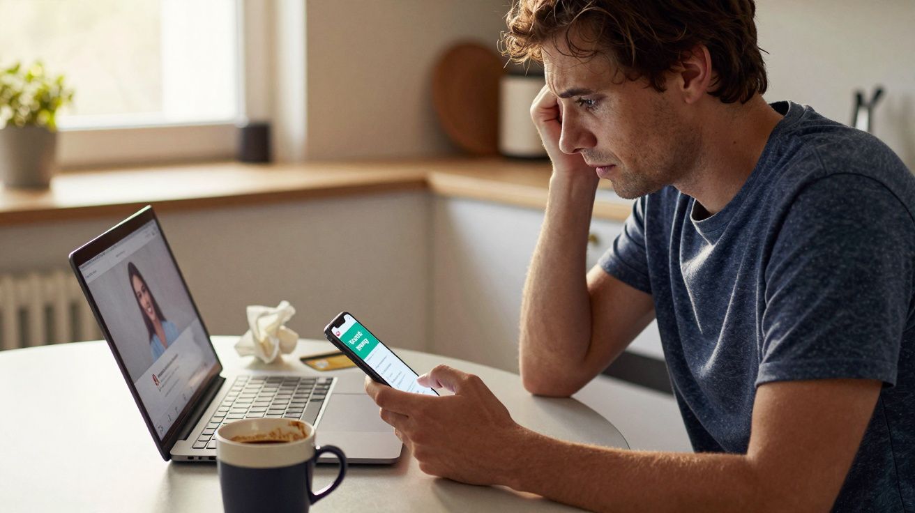 Homem com expressão preocupada usando celular e notebook em mesa com xícara de café em ambiente iluminado.