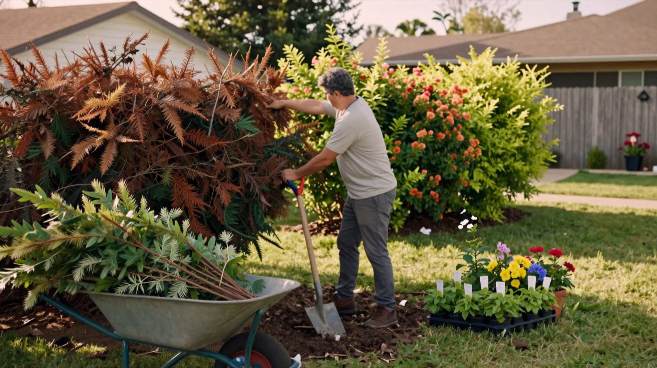 Homem plantando árvore morta no jardim com carrinho de mão e flores ao lado em área residencial.