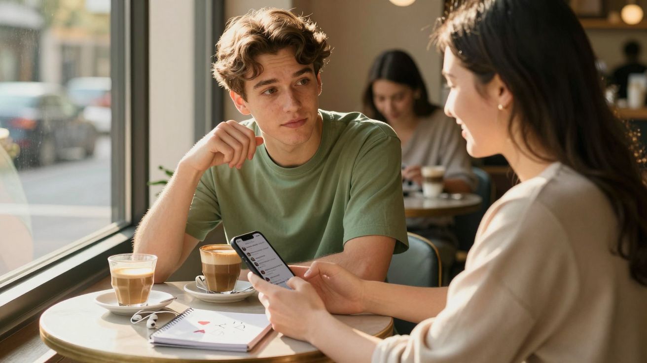 Jovem homem e mulher conversando em café, com café e caderno sobre a mesa perto da janela.