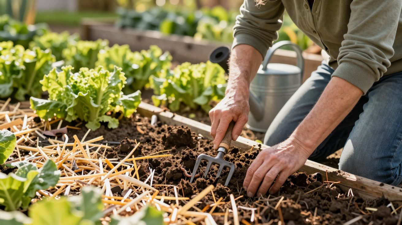 Pessoa trabalhando em canteiro de horta cultivando plantas com ferramenta pequena de jardinagem.