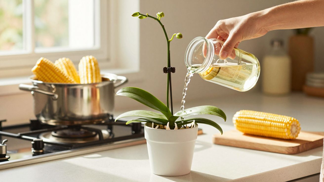 Mão regando orquídea em vaso branco na bancada da cozinha com panela e espigas de milho ao fundo.