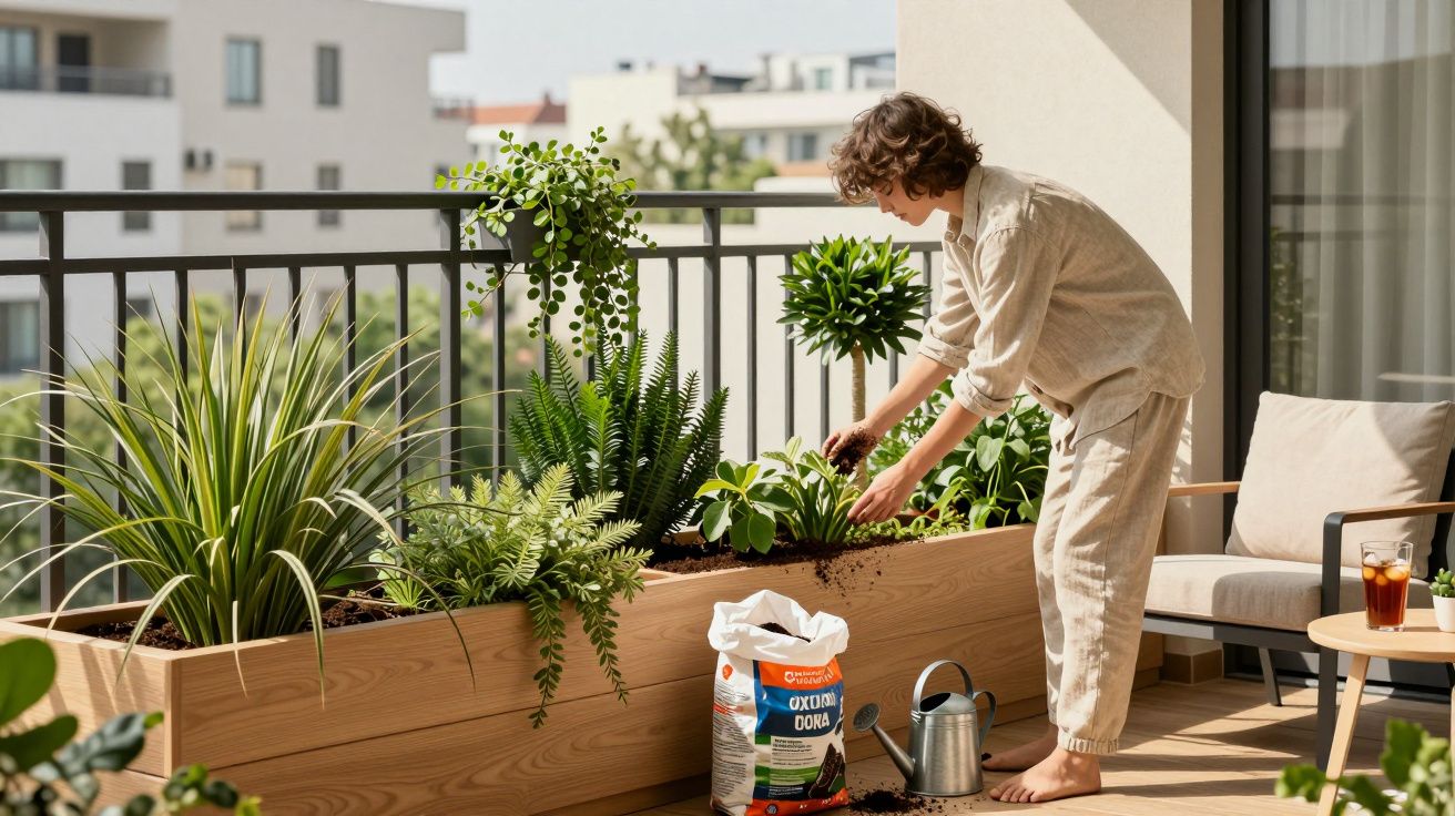 Pessoa cuidando de plantas em jardim suspenso na varanda de apartamento ensolarado.