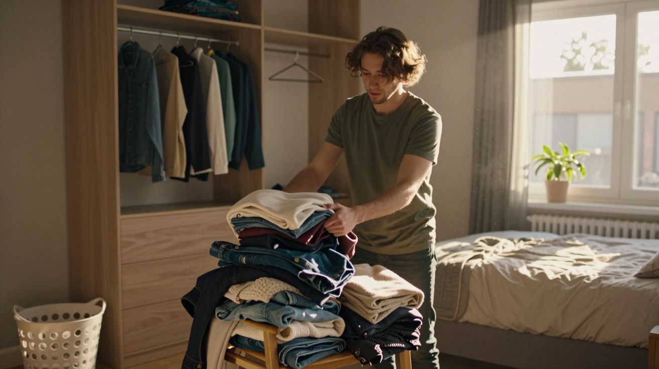 Homem organizando roupas dobradas em um quarto com cama, janela e guarda-roupa aberto à luz do dia.