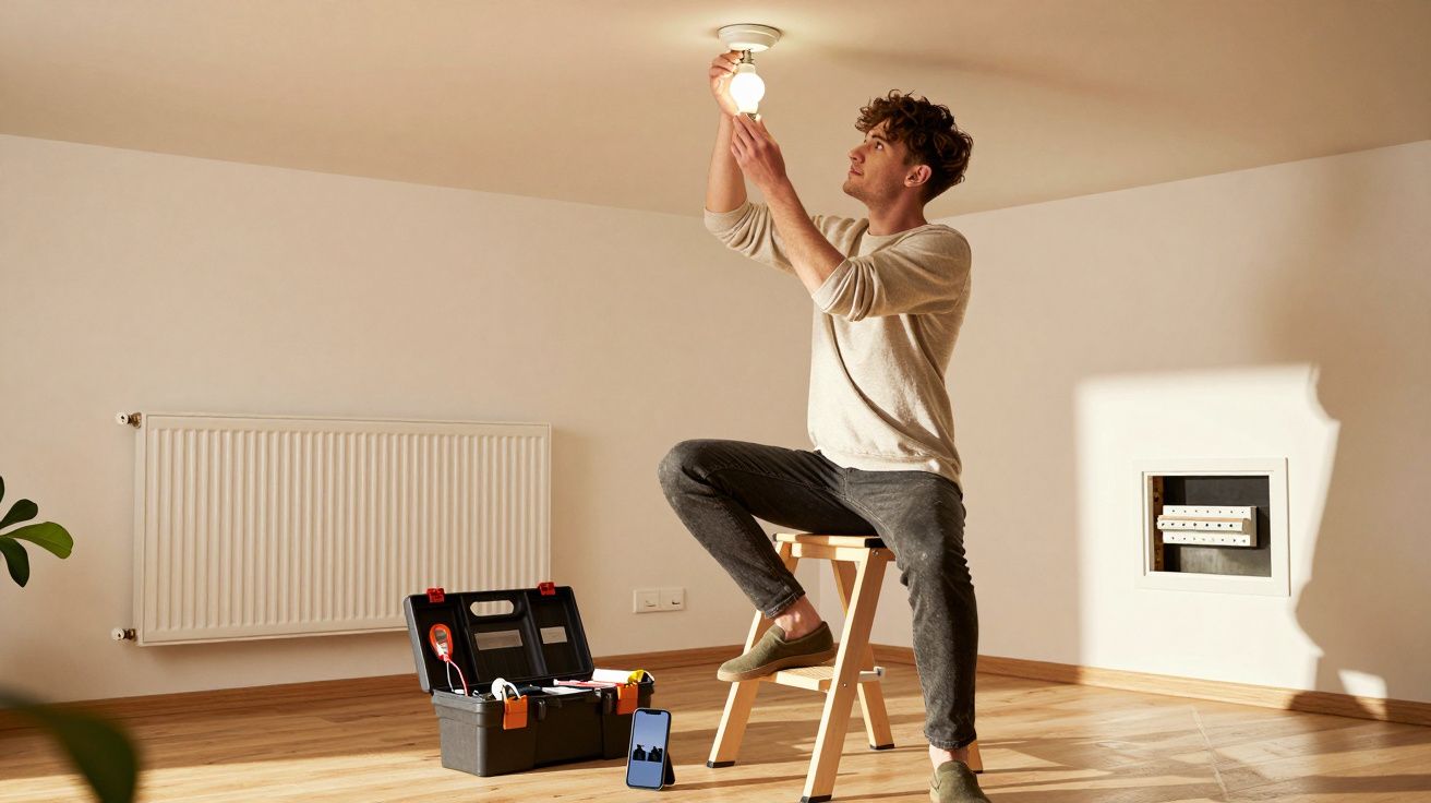 Homem sentado em banquinho troca lâmpada em ambiente interno com caixa de ferramentas no chão.