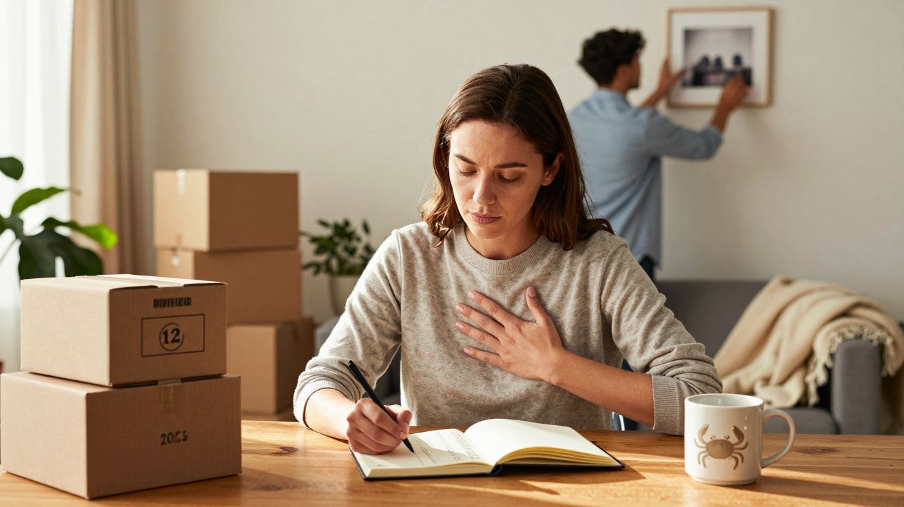 Mulher escrevendo em caderno em mesa com caixas ao redor e homem pendurando quadro ao fundo.