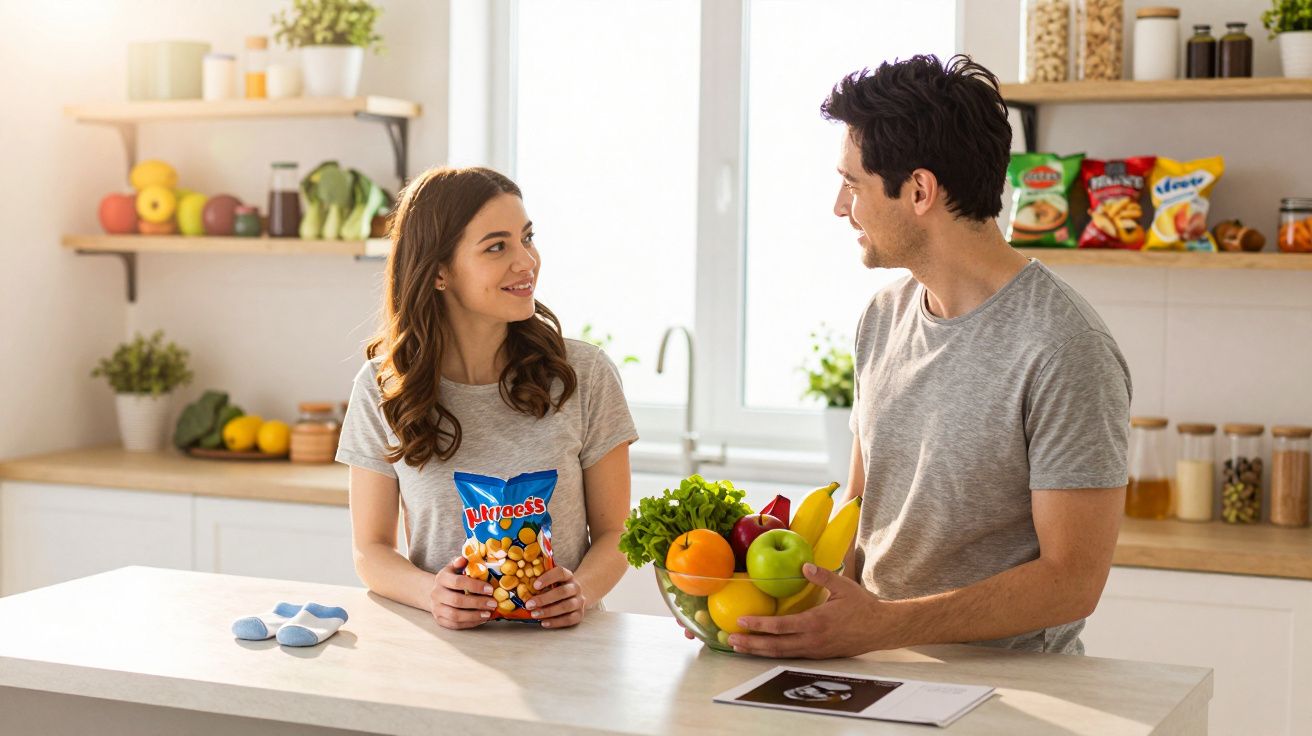 Casal sorridente conversando na cozinha, com frutas e snacks sobre bancada clara em ambiente iluminado.