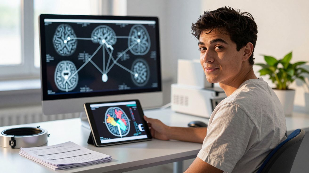 Jovem analisando imagens digitais coloridas de exames cerebrais em dois dispositivos eletrônicos na mesa.
